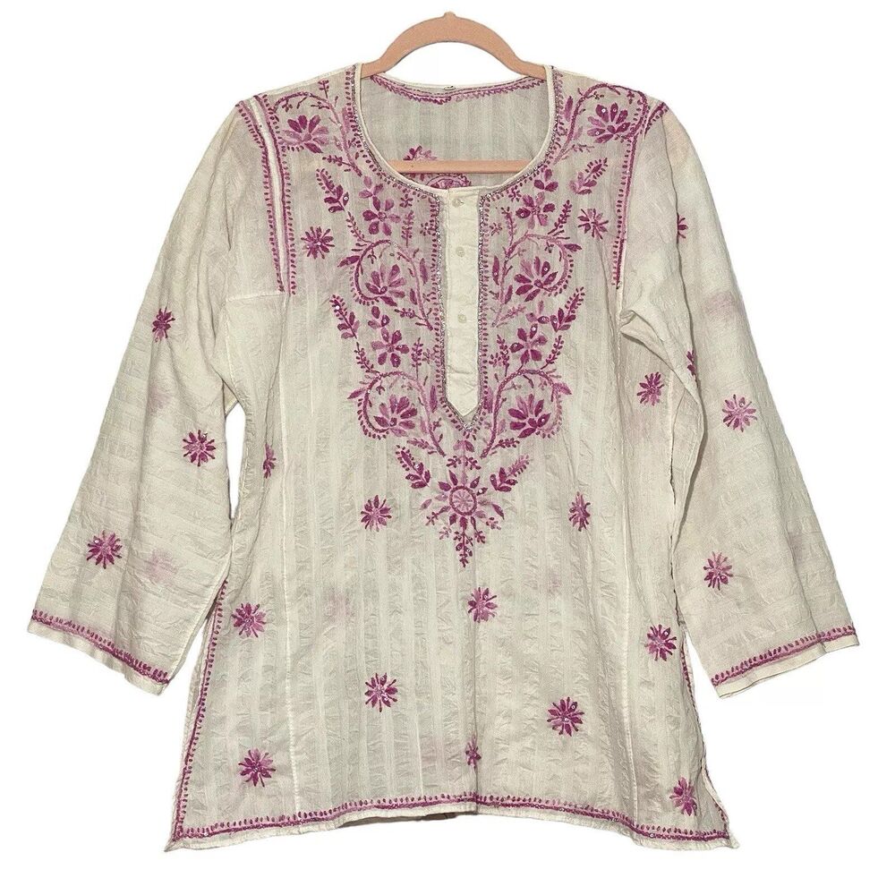 Embroidered Sequined White Women's Top/Blouse Pink Embroidery Women's Top/Blouse